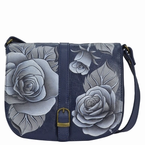 Handpainted Leather Flap Crossbody - Romantic Rose Navy