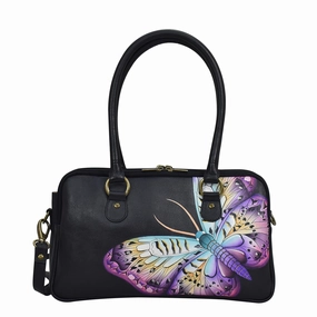 Handpainted Leather Multi Compartment Satchel - Magical Wings Black