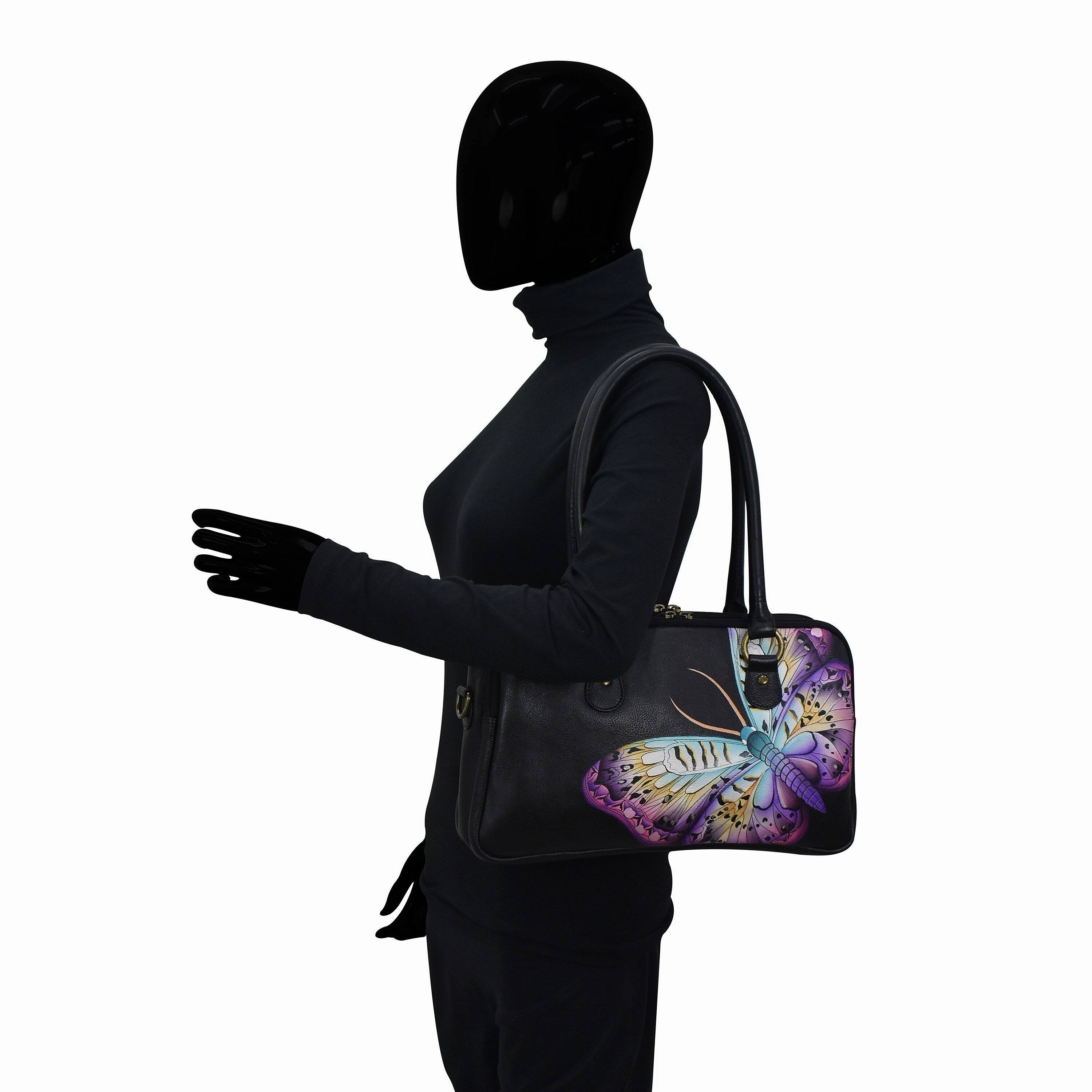 Handpainted Leather Multi Compartment Satchel - Magical Wings Black