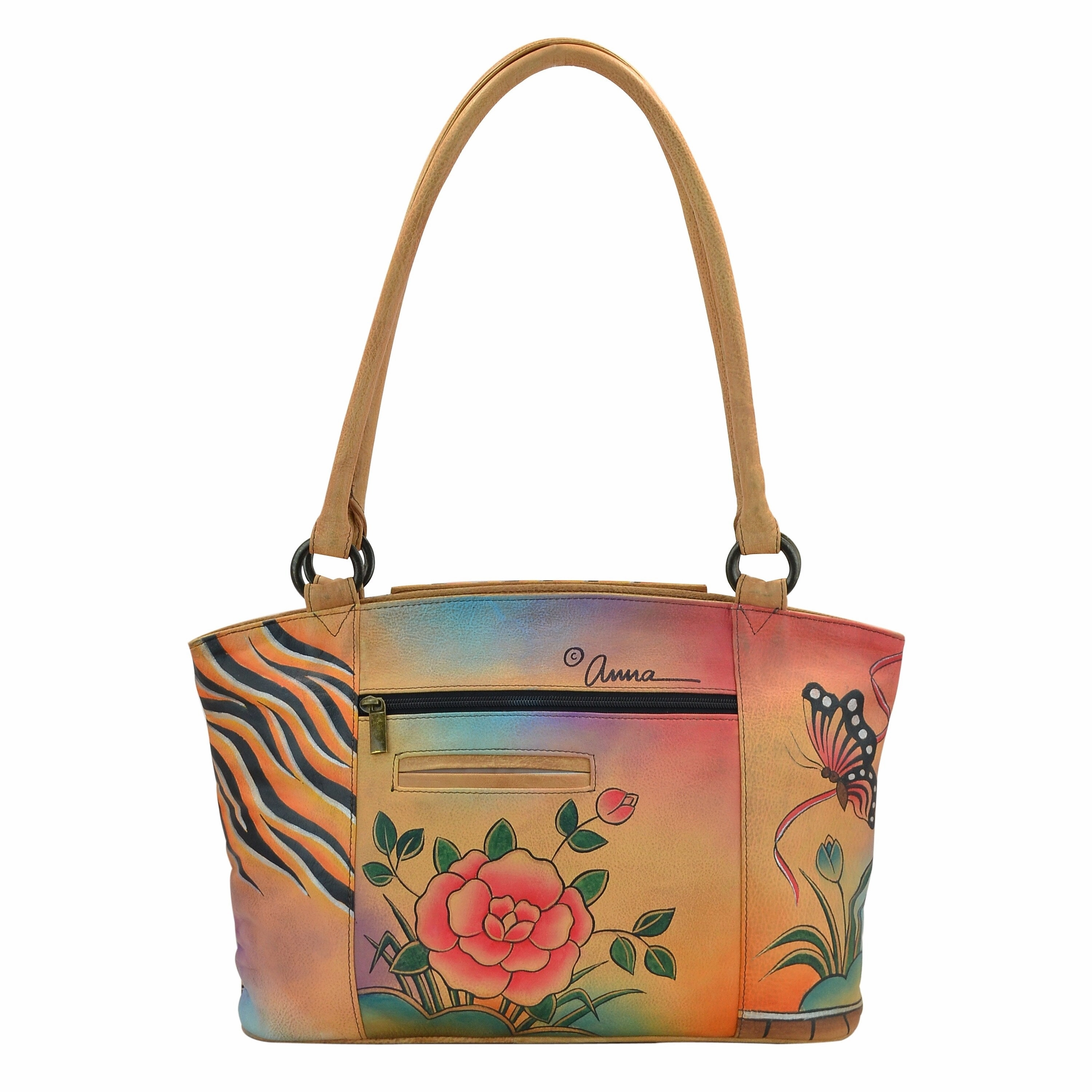 Handpainted Leather Organizer Tote - Antique Rose