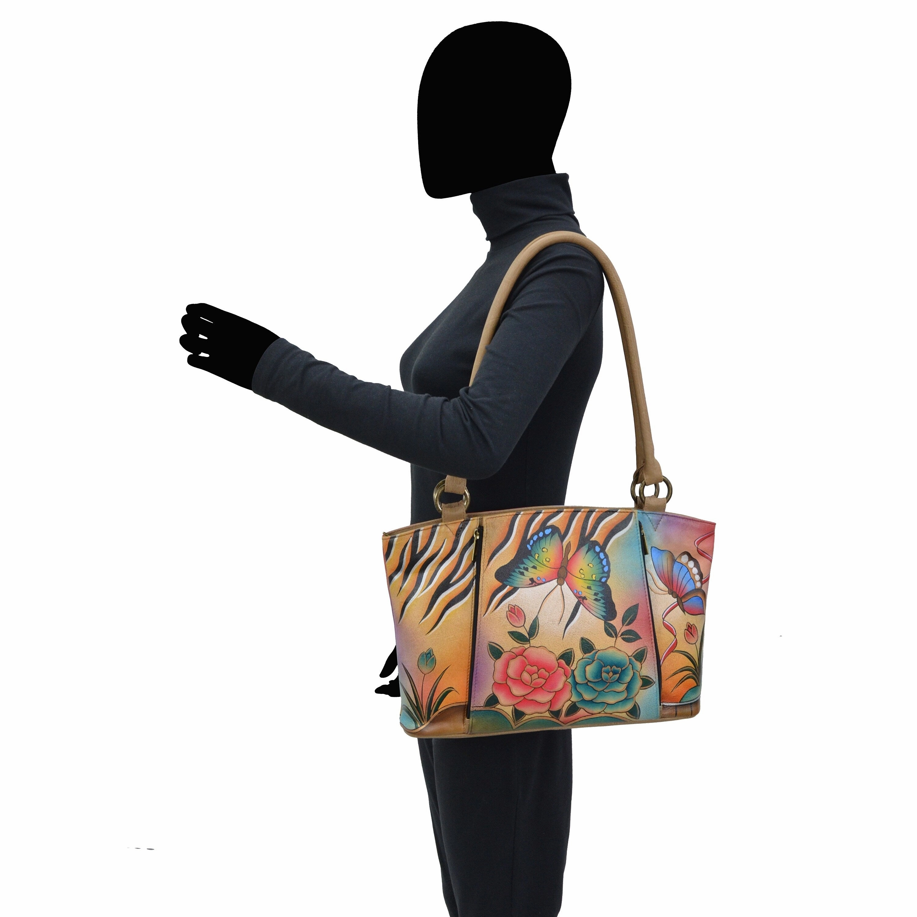 Handpainted Leather Organizer Tote - Antique Rose