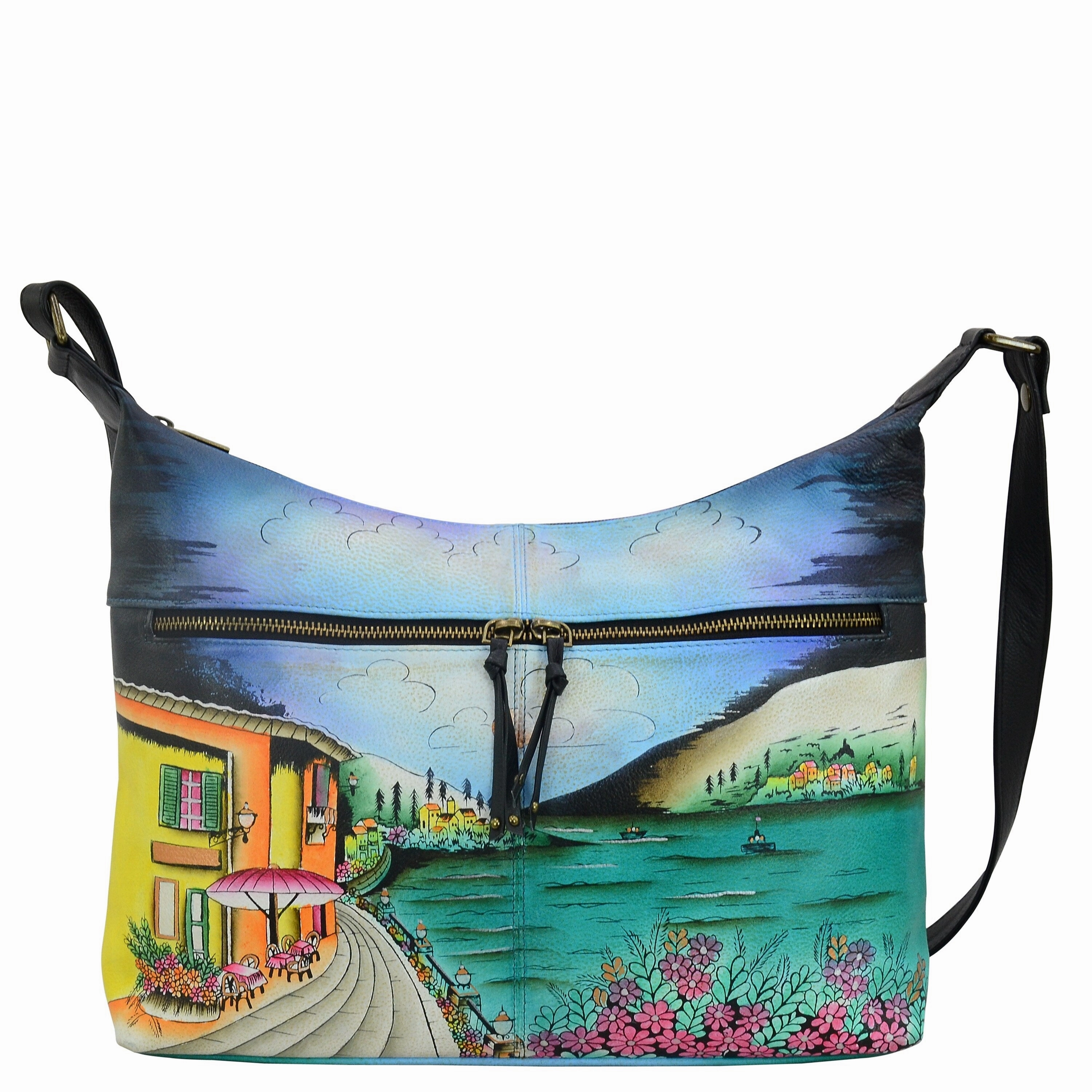 Handpainted Leather Shoulder Hobo - Moonlit Capri