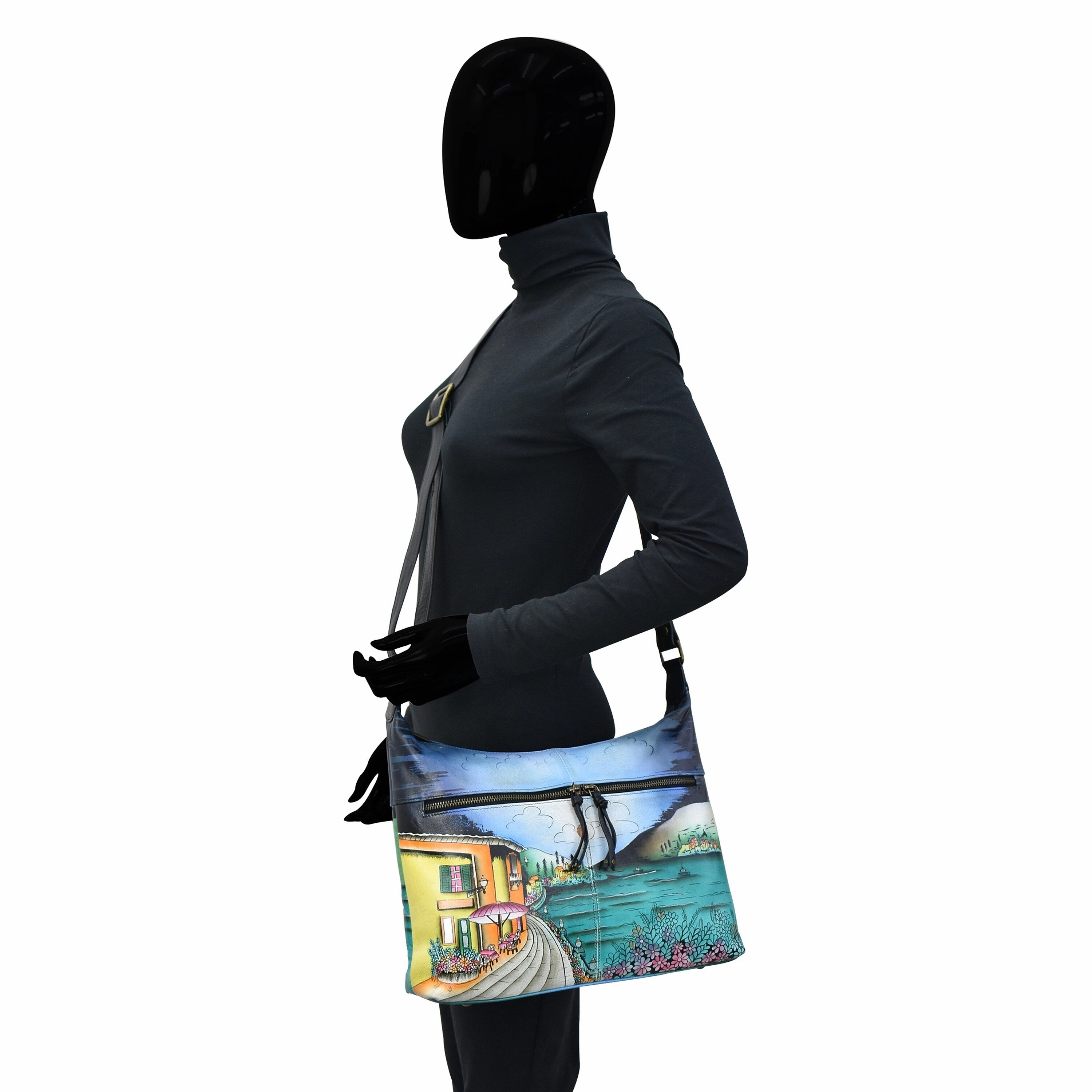 Handpainted Leather Shoulder Hobo - Moonlit Capri