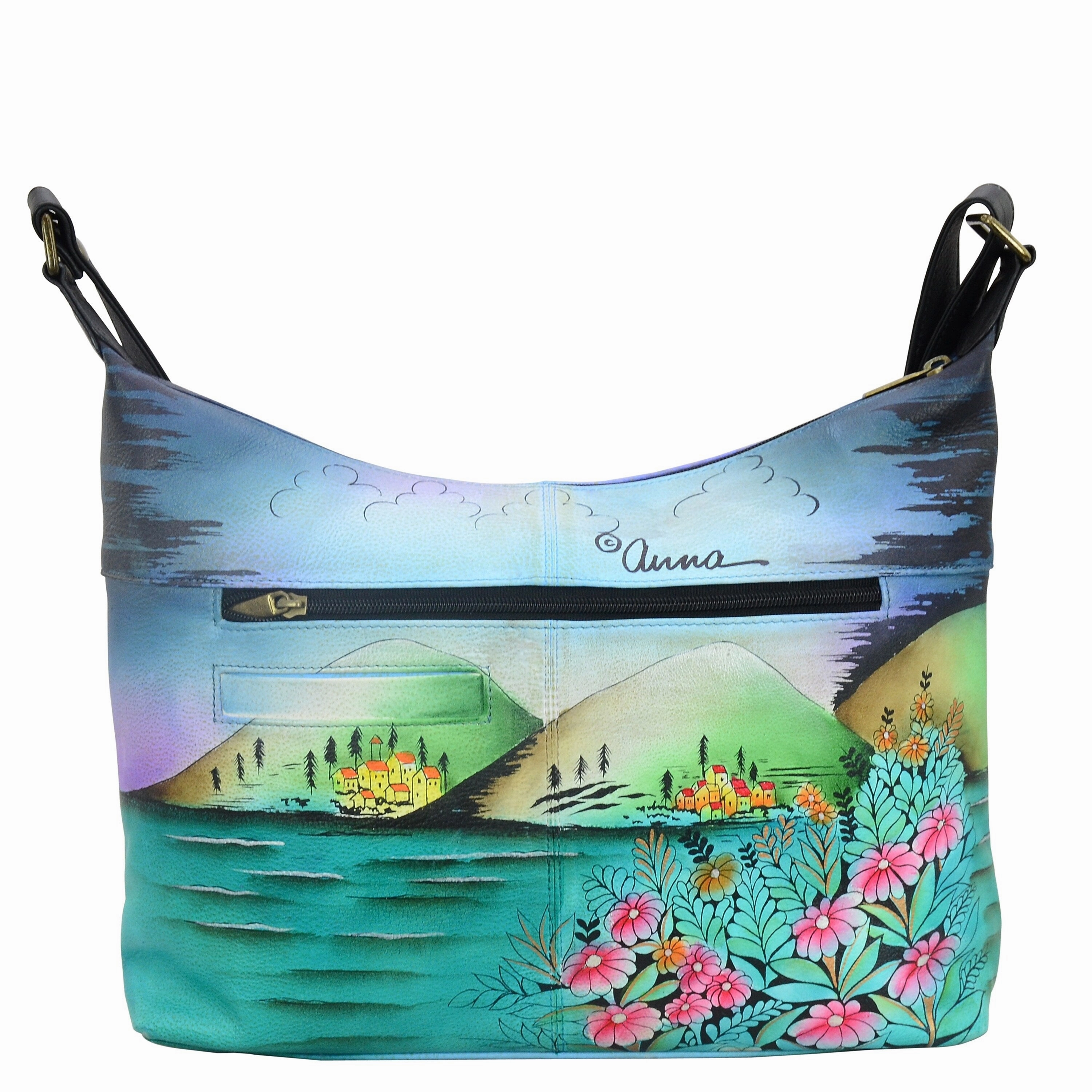 Handpainted Leather Shoulder Hobo - Moonlit Capri