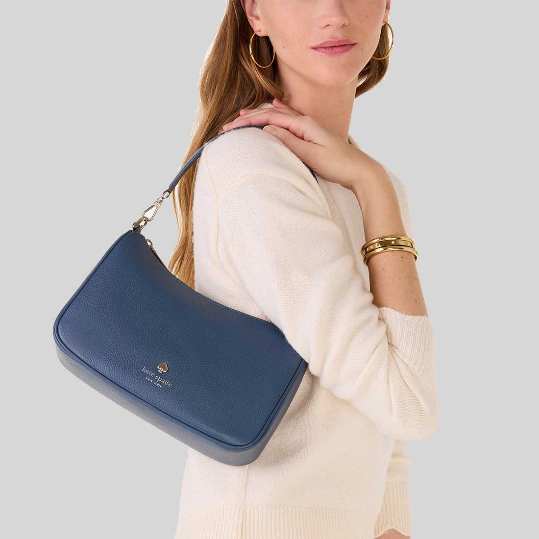 KATE SPADE Emma Pebbled Leather Medium Shoulder Bag Blue Stone KK068