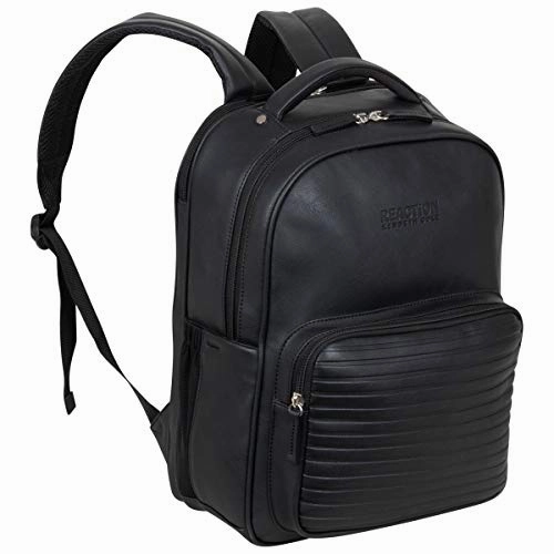 Kenneth Cole On Track Pack Vegan Leather 15.6 Laptop & Tablet Bookbag Anti-Theft RFID Backpack for School, Work, & Travel, Black, Laptop