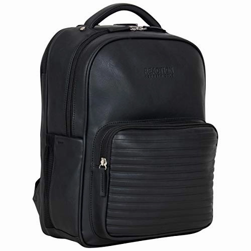 Kenneth Cole On Track Pack Vegan Leather 15.6 Laptop & Tablet Bookbag Anti-Theft RFID Backpack for School, Work, & Travel, Black, Laptop