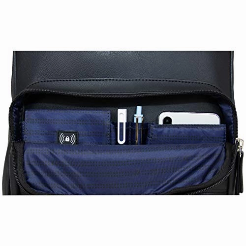 Kenneth Cole On Track Pack Vegan Leather 15.6 Laptop & Tablet Bookbag Anti-Theft RFID Backpack for School, Work, & Travel, Black, Laptop