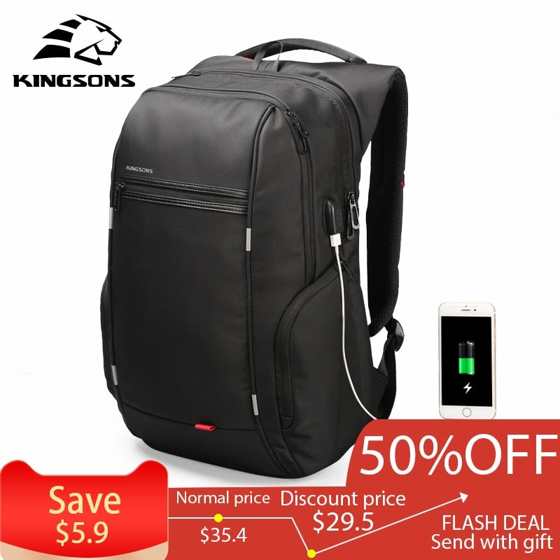 Kingsons 15"17"  Laptop Backpack External Usb Charge Computer Backpacks Anti-Theft Waterproof