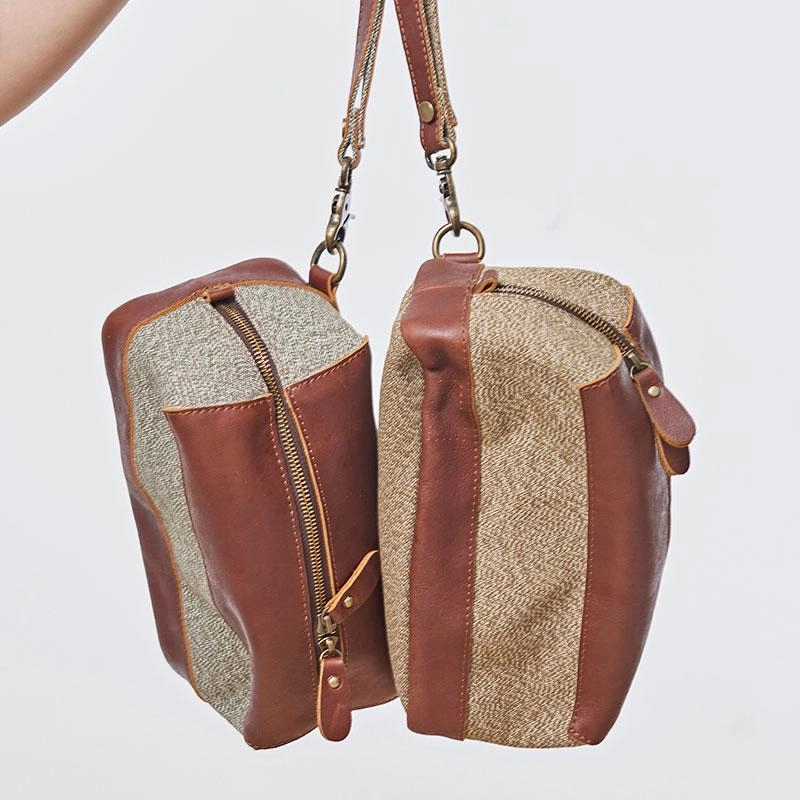 Large Canvas Leather Mens Clutch Bag Zipper Wristlet Bag Purse for Men