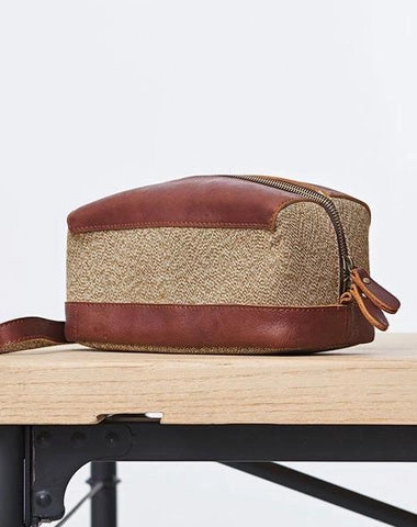 Large Canvas Leather Mens Clutch Bag Zipper Wristlet Bag Purse for Men