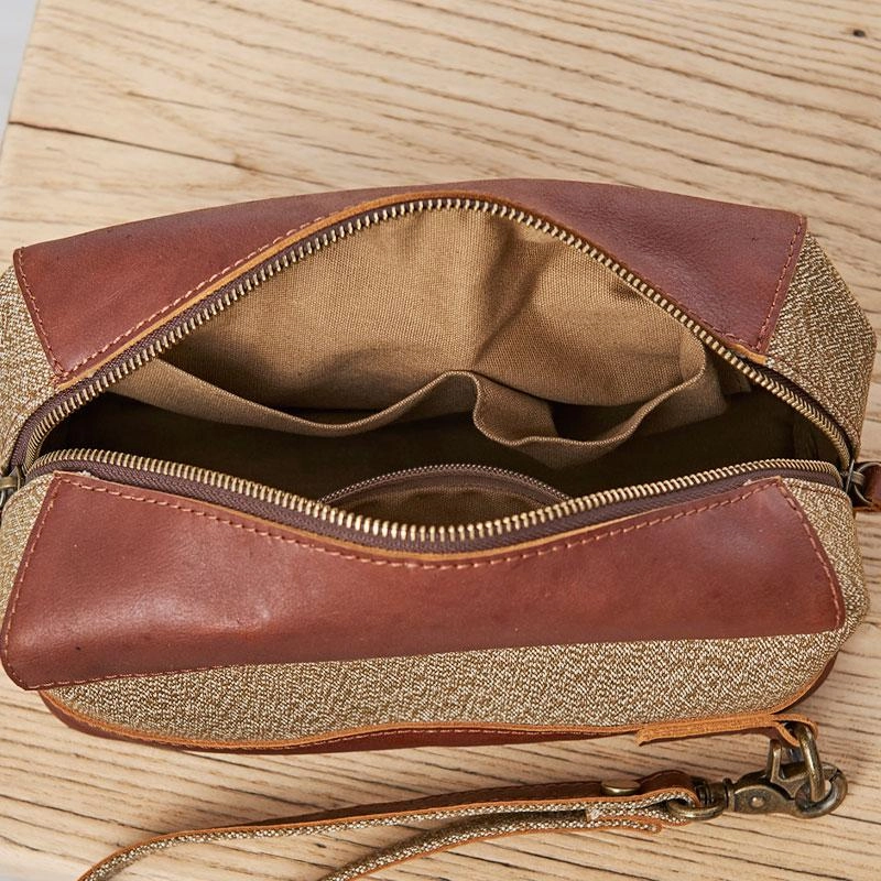 Large Canvas Leather Mens Clutch Bag Zipper Wristlet Bag Purse for Men
