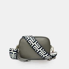 Latte Leather Crossbody Bag With Black & Stone Maze Strap
