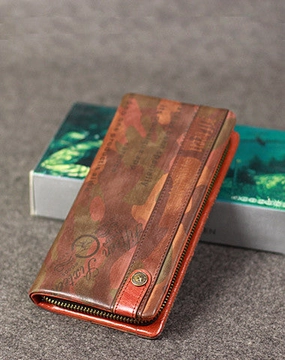 Leather camouflage men zip long wallet clutch vintage clutch long wallet purse