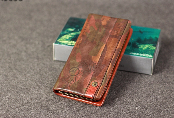 Leather camouflage men zip long wallet clutch vintage clutch long wallet purse