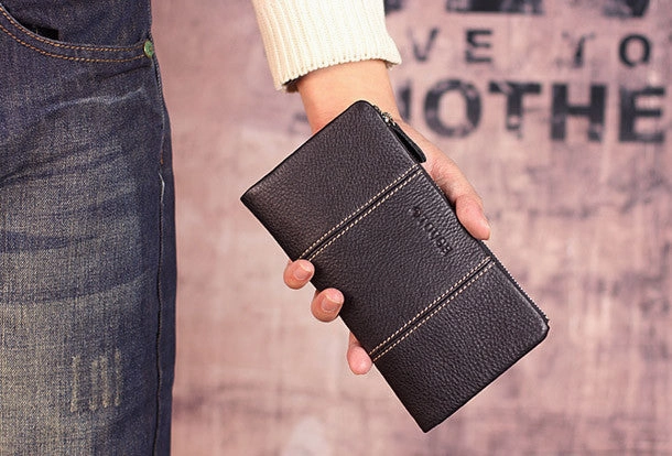 Leather men clutch black vintage zip multi cards clutch men long wallet purse clutch