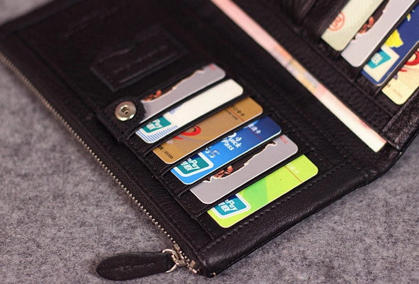 Leather men clutch black vintage zip multi cards clutch men long wallet purse clutch