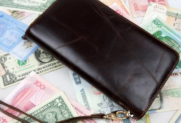 Leather men clutch brown modern brown zip clutch men long wallet purse clutch
