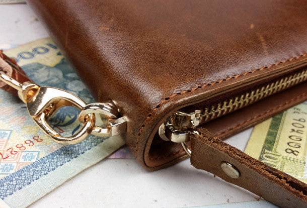 Leather men clutch brown modern brown zip clutch men long wallet purse clutch