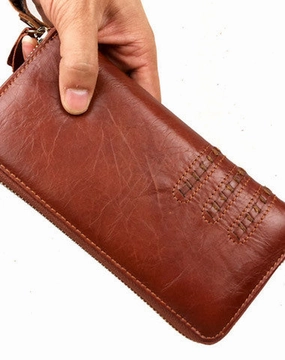 Leather men clutch brown vintage red brown zip clutch men long wallet purse clutch