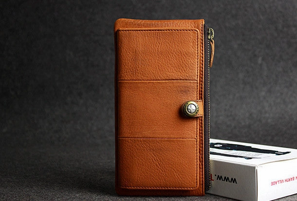 Leather men clutch brown vintage zip clutch men phone long wallet purse clutch
