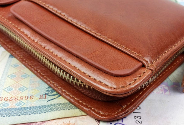 Leather men clutch coffee modern brown zip clutch men long wallet purse clutch