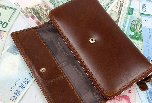 Leather men clutch modern brown coffee zip clutch men long wallet purse clutch