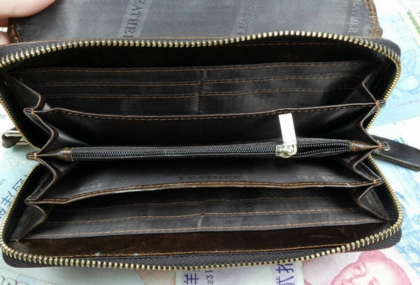 Leather men clutch modern brown coffee zip clutch men long wallet purse clutch
