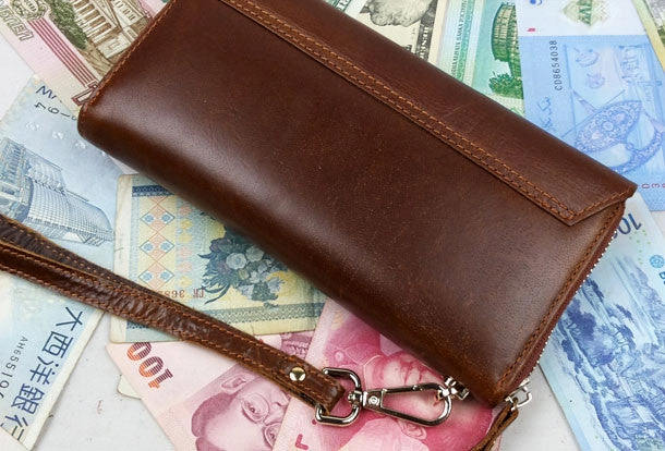 Leather men clutch modern brown coffee zip clutch men long wallet purse clutch
