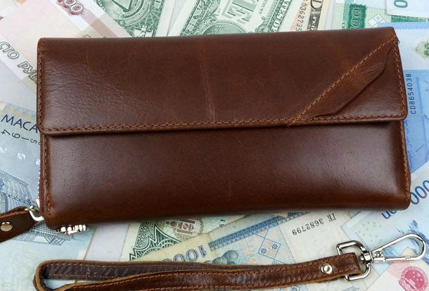 Leather men clutch modern brown coffee zip clutch men long wallet purse clutch