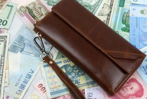 Leather men clutch modern brown coffee zip clutch men long wallet purse clutch