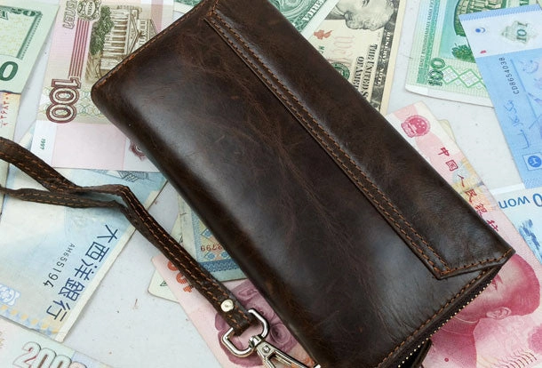 Leather men clutch modern brown coffee zip clutch men long wallet purse clutch