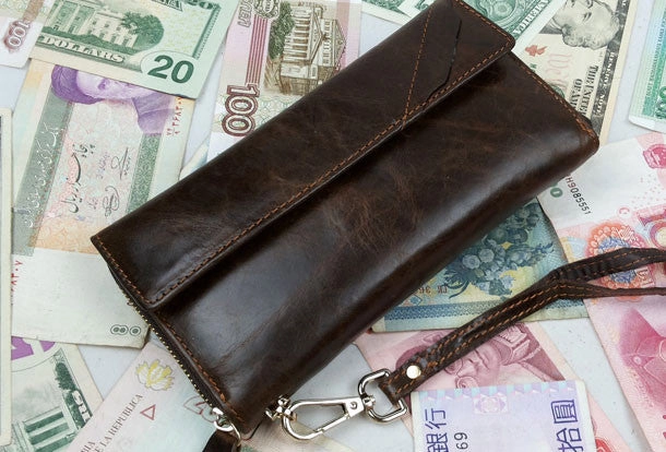Leather men clutch modern brown coffee zip clutch men long wallet purse clutch
