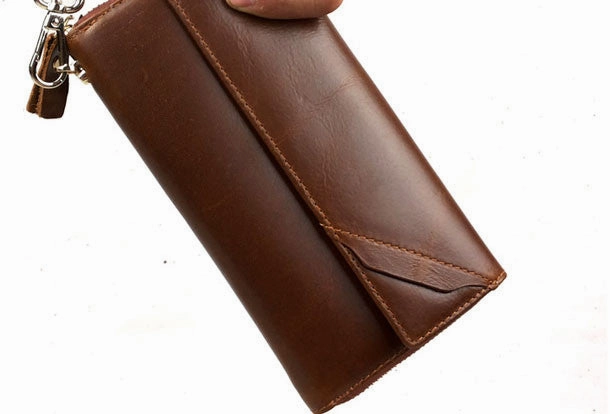 Leather men clutch modern brown coffee zip clutch men long wallet purse clutch