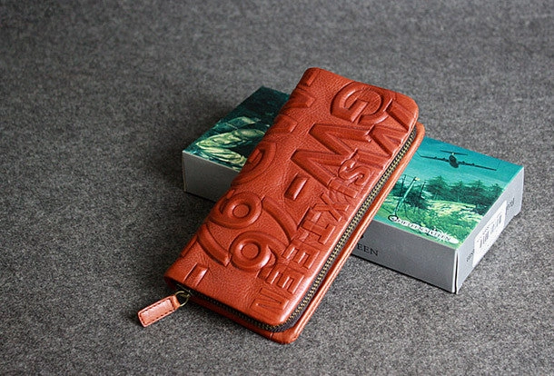 Leather men clutch red modern brown vintage zip clutch men long wallet purse clutch