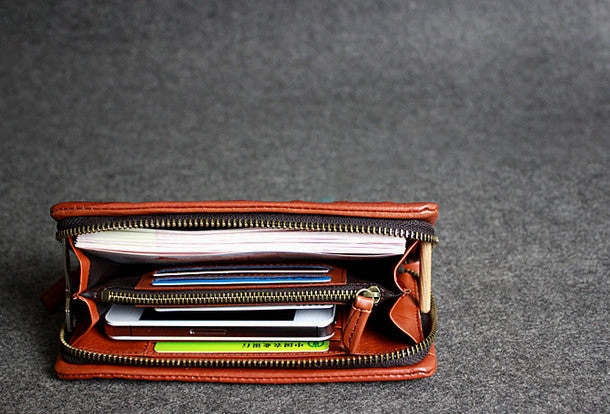Leather men clutch red modern brown vintage zip clutch men long wallet purse clutch