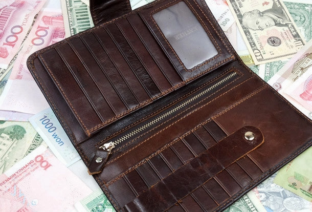 Leather men dark brown vintage clutch men multi card holders long wallet purse