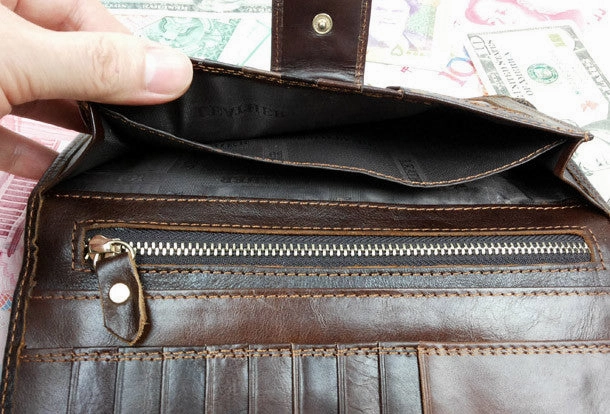 Leather men dark brown vintage clutch men multi card holders long wallet purse