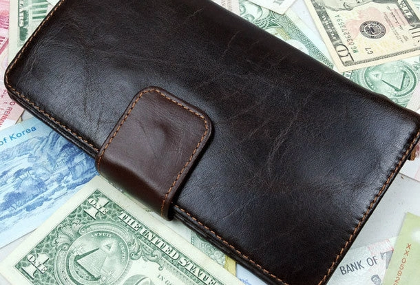 Leather men dark brown vintage clutch men multi card holders long wallet purse