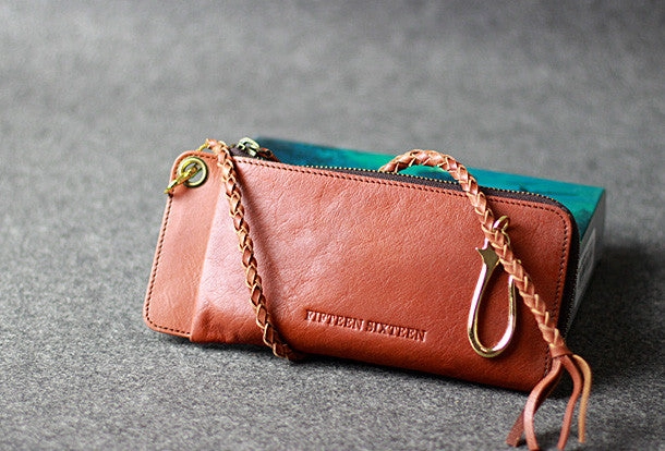 Leather men long wallet chain clutch brown vintage zip clutch men purse clutch
