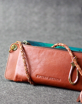 Leather men long wallet chain clutch brown vintage zip clutch men purse clutch