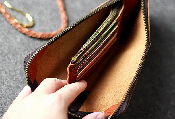 Leather men long wallet chain clutch brown vintage zip clutch men purse clutch