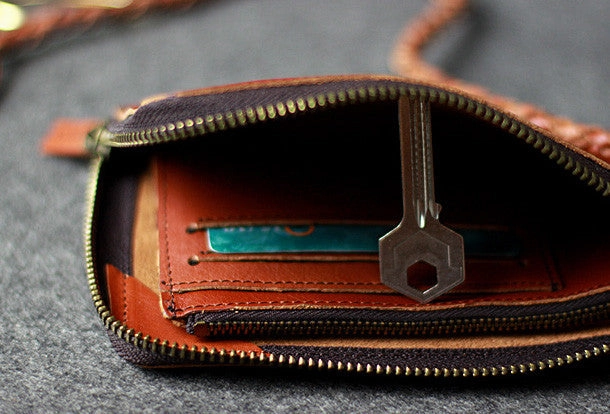 Leather men long wallet chain clutch brown vintage zip clutch men purse clutch
