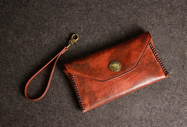 Leather men long wallet clutch brown strip phone vintage clutch men purse clutch