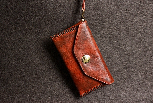 Leather men long wallet clutch brown strip phone vintage clutch men purse clutch