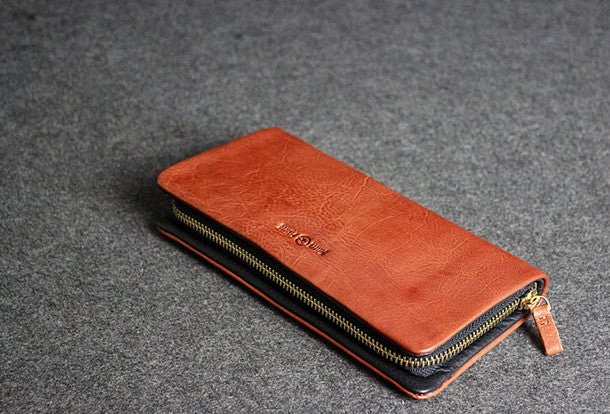 Leather men long wallet clutch brown vintage zip clutch men long wallet purse