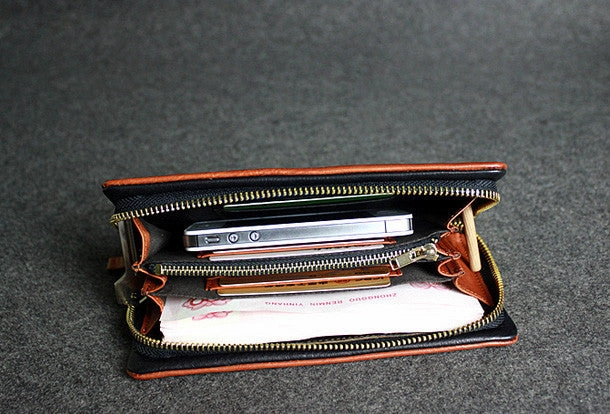 Leather men long wallet clutch brown vintage zip clutch men long wallet purse