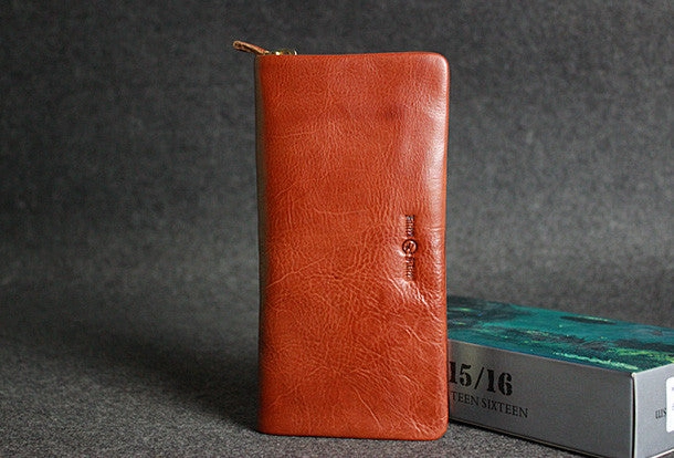 Leather men long wallet clutch brown vintage zip clutch men long wallet purse