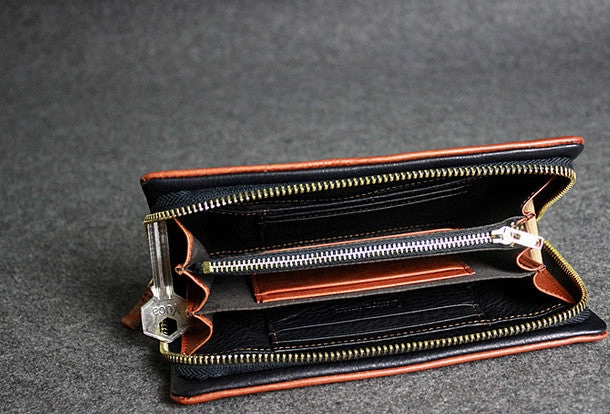 Leather men long wallet clutch brown vintage zip clutch men long wallet purse