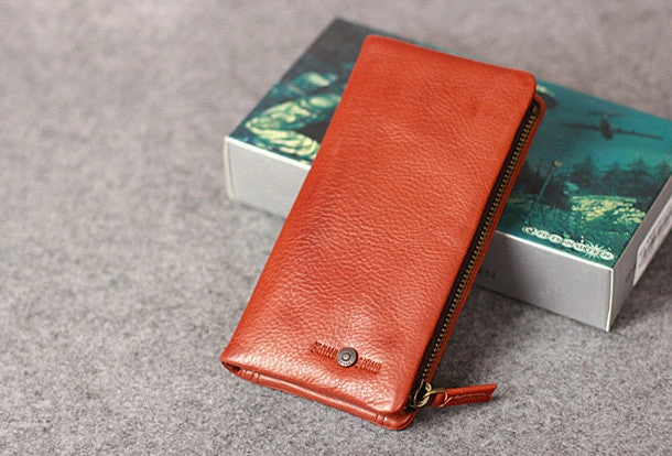 Leather men long wallet clutch brown vintage zip phone clutch men long wallet purse